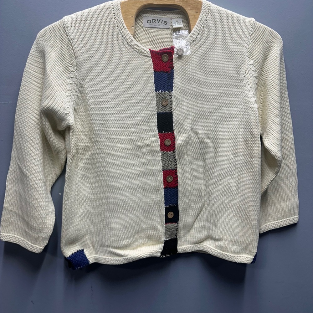 Orvis 100% Cotton Knit Sweater Mens XL Cream Color Block Button Placket
